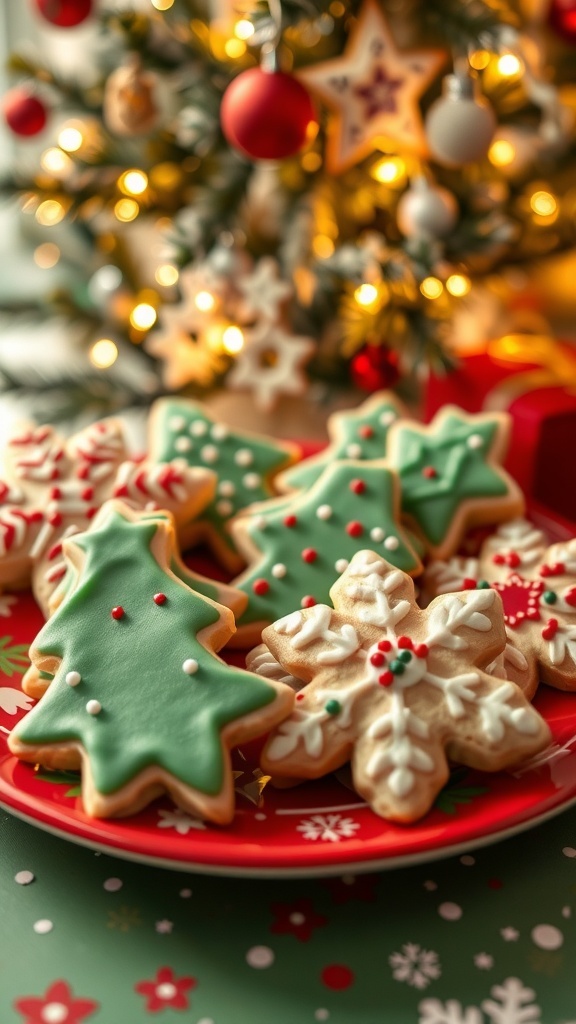 Christmas Sugar Cookie Recipe Decorated Christmas sugar cookies in festive shapes on a holiday plate with a Christmas tree in the background.